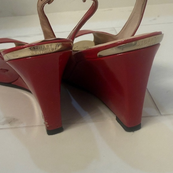 Stuart Weitzman Red Peep-Toe Wedge Sandals - Picture 5 of 8